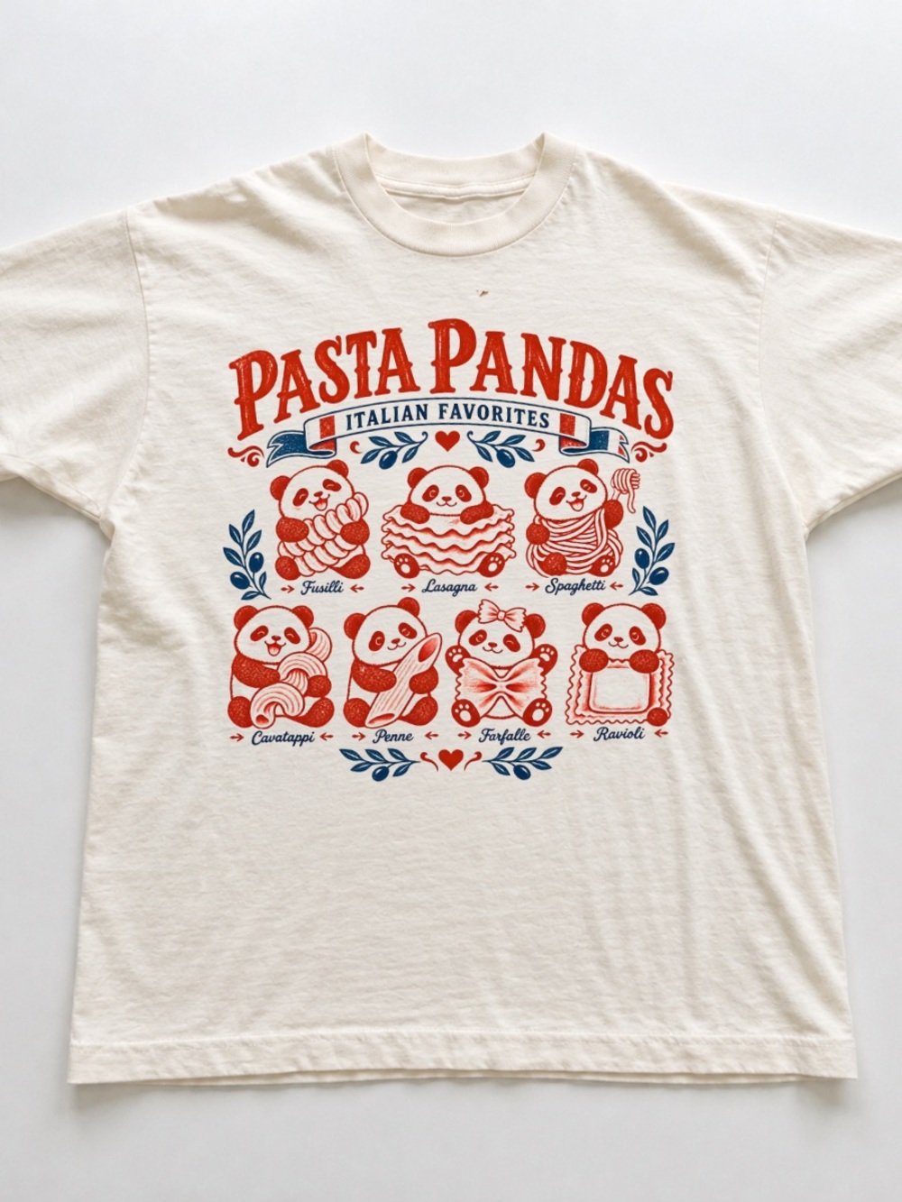Off White Tee with Red & Blue Pasta Pandas Graphic
